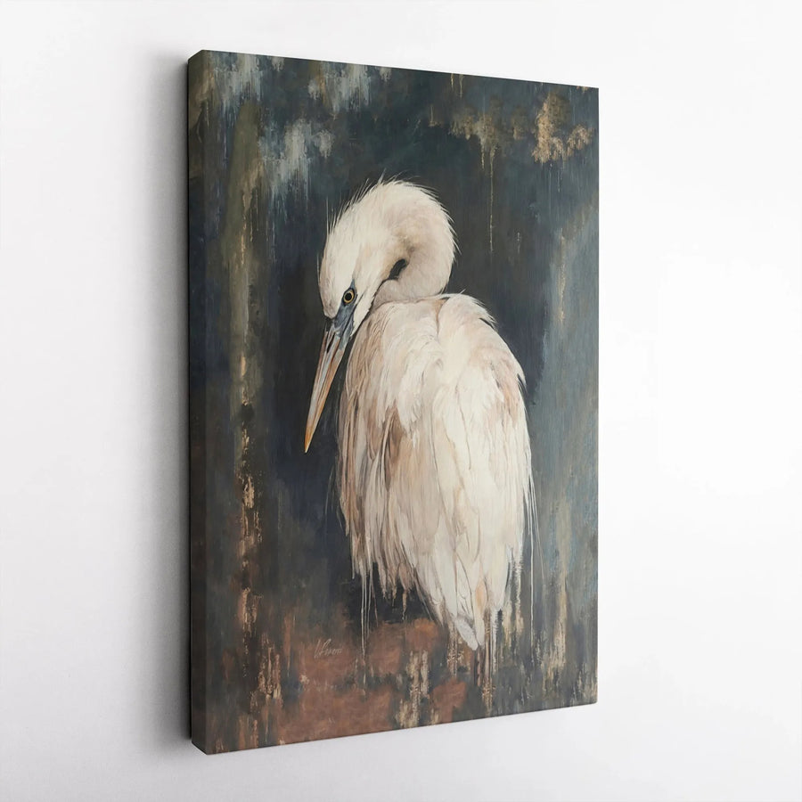 White Egret Canvas Wall Art | Moody Abstract Bird Painting | Premium Gallery Wrapped Print | Sophisticated Coastal Home Decor Gift