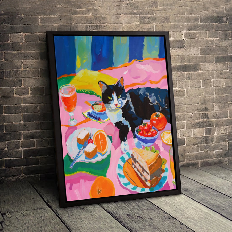 Cat Picnic Painting Canvas | Whimsical Pet Art Print | Gallery-Quality 1.25" Profile | Vibrant Wall Decor Gift for Cat Lovers