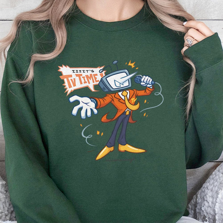 Retro TV Host Graphic Sweatshirt | Vintage Cartoon Mascot Art | Premium Cotton Blend | Indie Gamer Gift For Fans Of Retro Aesthetic