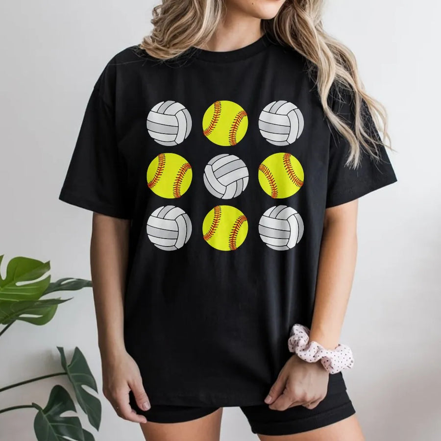 Softball and Volleyball Graphic T-Shirt | Sport Game Day Print | Premium 100% Cotton | Gift for Athletes, Coaches, and Sports Moms