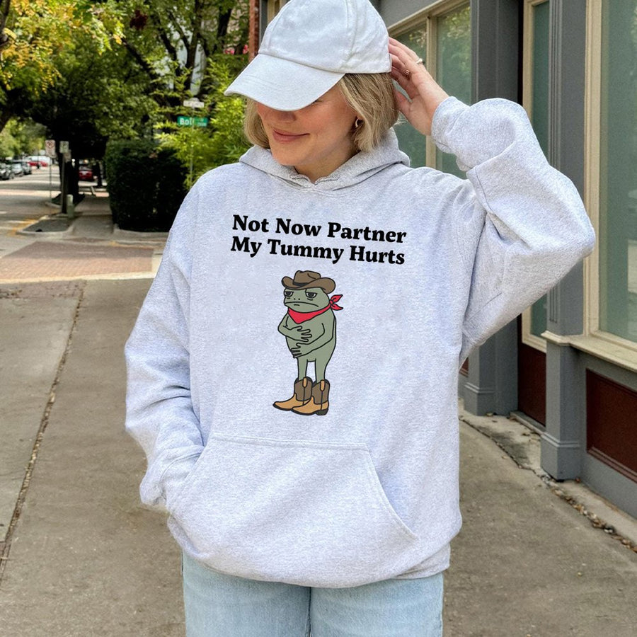 Not Now Partner My Tummy Hurts Hoodie | Cowboy Frog Meme Graphic | Premium Cotton-Blend | Funny Western Gift For Men And Women
