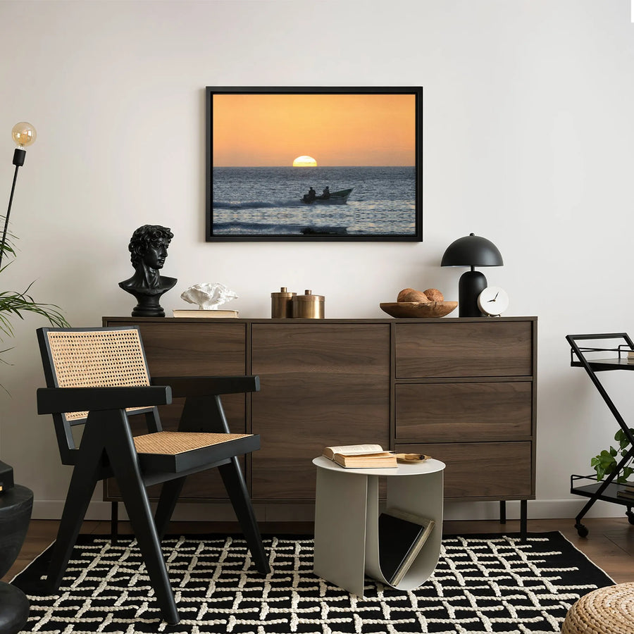 Fishermen at Sunset Canvas Print | Golden Hour Ocean Boat Wall Art | Premium Gallery Wrapped Canvas | Coastal Home Decor Gift