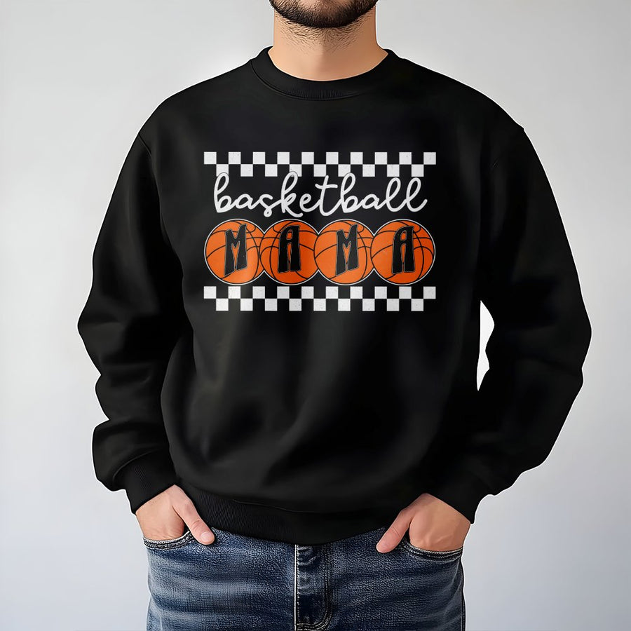 Basketball Mama Sweatshirt | Retro Checkerboard Game Day Graphic | Soft Cotton Blend Crewneck | Sport Mom Gift for Basketball Season