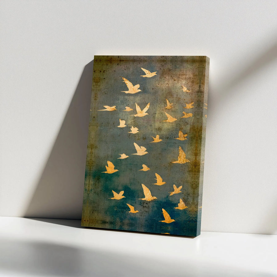 Golden Birds Wall Art | Abstract Flock Canvas Print | Premium Gallery Wrap Decor | Nature Inspired Living Room Artwork
