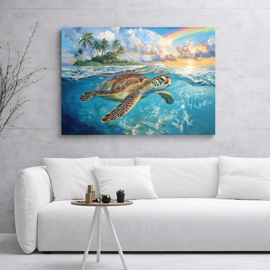Sea Turtle Tropical Ocean Canvas Wall Art | Island Sunset With Rainbow Design | Premium 1.25" Gallery Wrap | Coastal Decor Gift For Beach Lovers