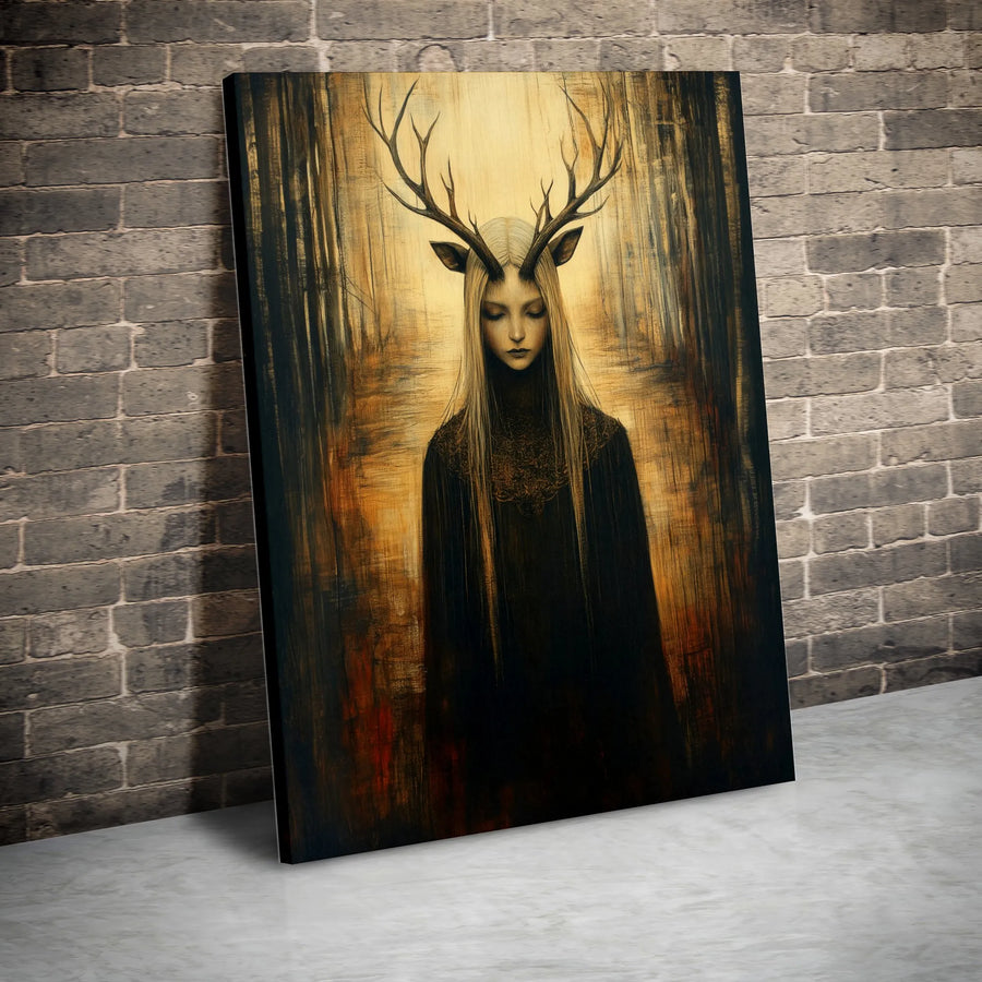 Mystical Deer Antler Woman Canvas | Dark Fantasy Forest Wall Art | Premium Gallery-Wrapped Print | Gothic Home Decor Gift