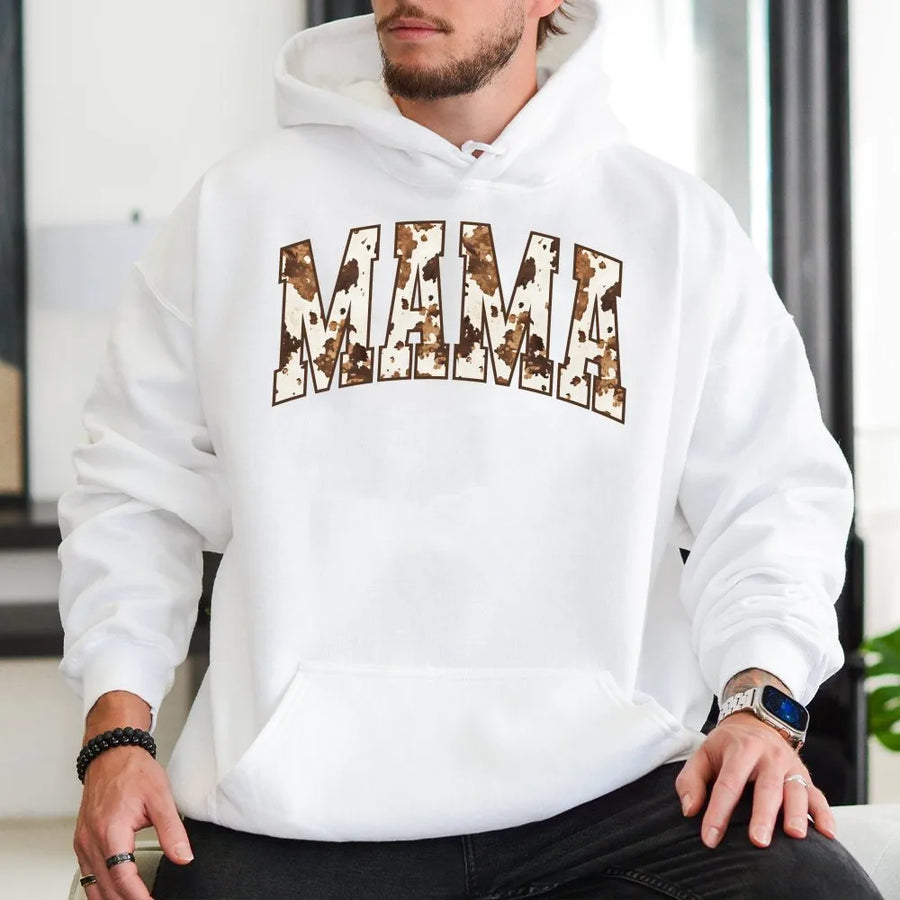 Mama Cow Print Hoodie | Western Farmhouse Graphic Pullover | Cozy Cotton Blend | Trendy Mothers Day Gift for New Mom