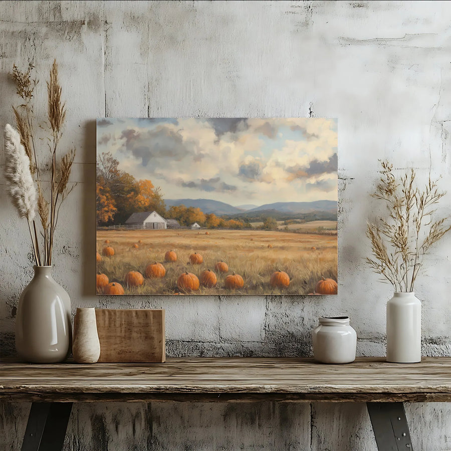 Autumn Pumpkin Patch Wall Art | Rustic Farmhouse Landscape Print | Premium 1.25" Gallery Canvas | Fall Home Decor Gift for Farm Lovers