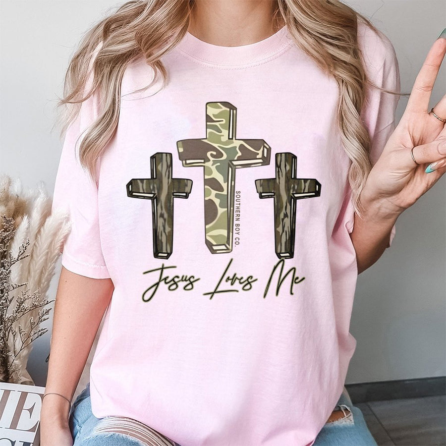 Jesus Loves Me Three Cross T-Shirt | Camo Tree Design | 100% Cotton Premium Tee | Christian Faith Gift for Him and Her