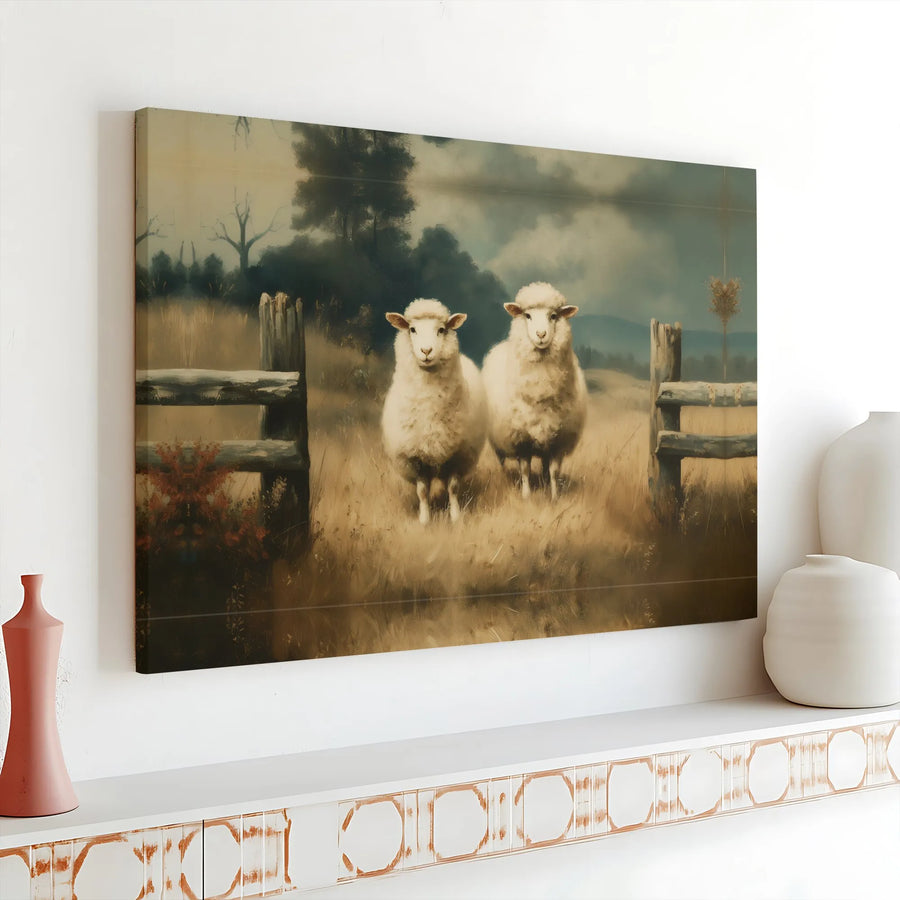 Sheep Painting Canvas Print | Vintage Farmhouse Scene | Premium Gallery Wrapped Canvas | Rustic Living Room Decor Gift