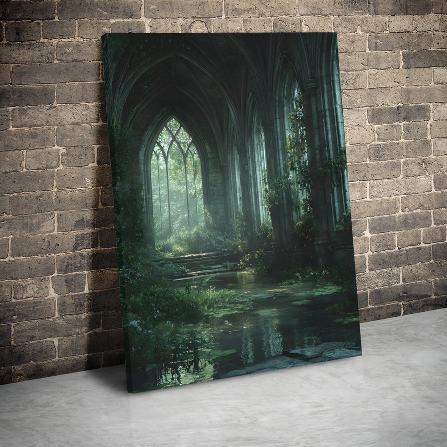 Gothic Cathedral Ruins Canvas | Overgrown Forest Sanctuary Wall Art | Premium 1.25" Gallery Wrap | Dark Academia Home Decor Gift