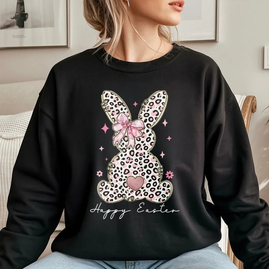 Leopard Bunny Easter Sweatshirt | Cute Pink Bow Rabbit Graphic | Premium Cotton Blend Crewneck | Unisex Spring Holiday Gift for Women Men