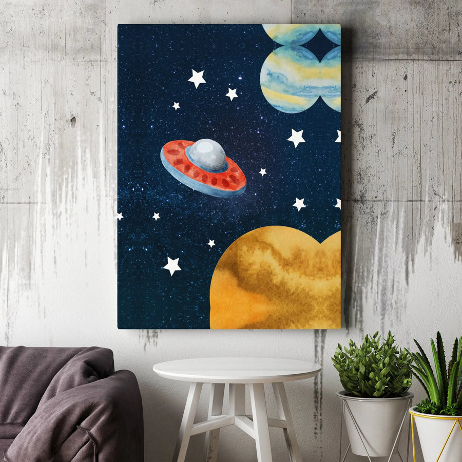 UFO Spaceship Wall Art | Watercolor Outer Space Planet Decor | Premium Gallery-Wrapped Canvas | Kids Room Space Theme Gift