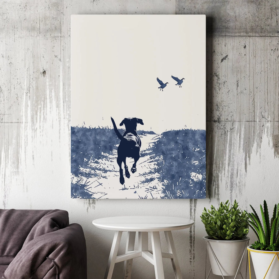 Hunting Dog Wall Art Canvas | Minimalist Labrador Pointer Field Scene | Premium Gallery Wrap Print | Gift for Hunter or Dog Lover