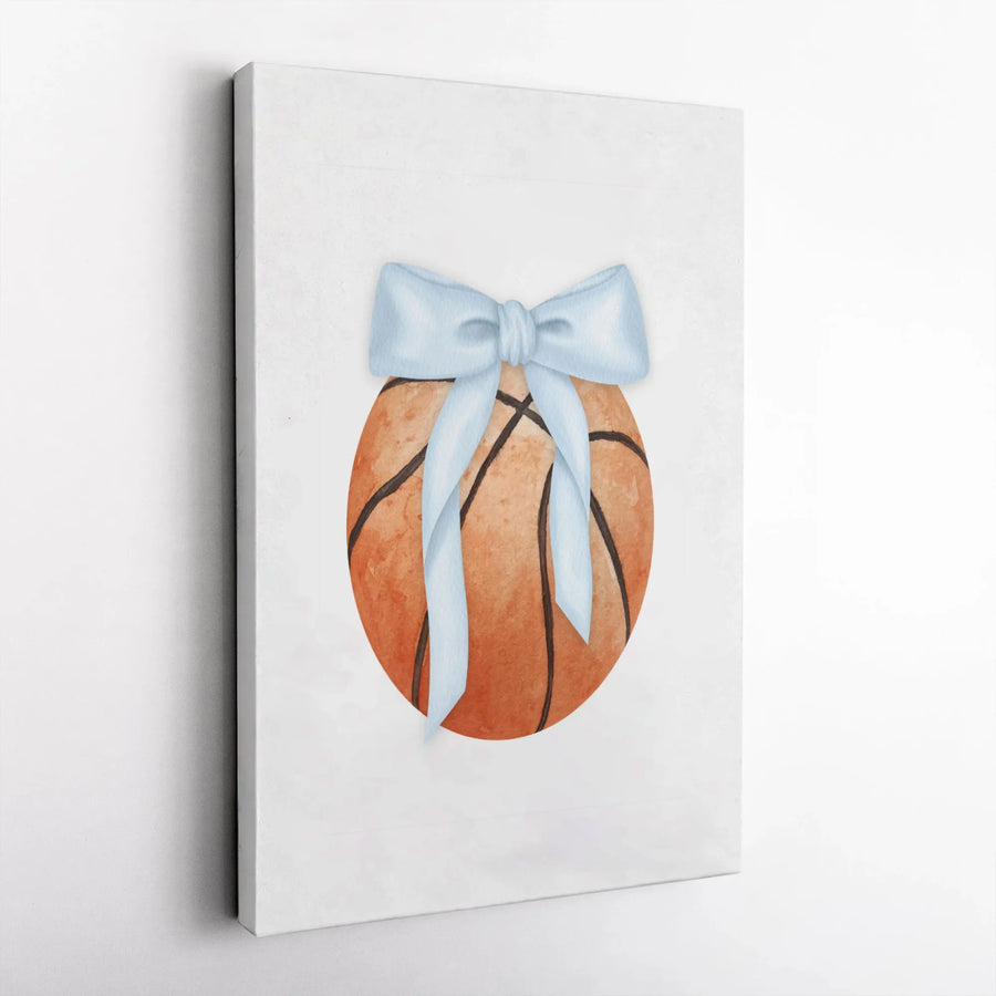 Basketball Wall Art | Watercolor Sport Ball with Blue Bow | Premium Gallery Wrap Canvas | Nursery Sports Decor & Athlete Gift