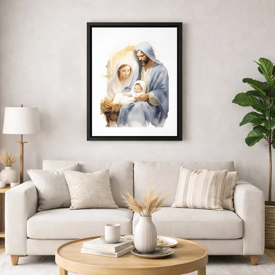 Holy Family Nativity Canvas Print | Watercolor Mary Joseph Baby Jesus | 1.25-Inch Gallery Wrap | Christian Christmas Home Decor Gift