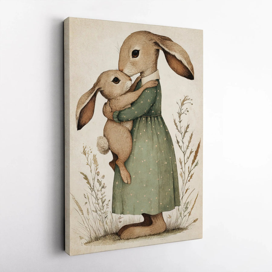 Mother Rabbit and Baby Bunny Canvas | Whimsical Animal Illustration | Premium Gallery Wrap Wall Art | Nursery Decor Gift for Mom