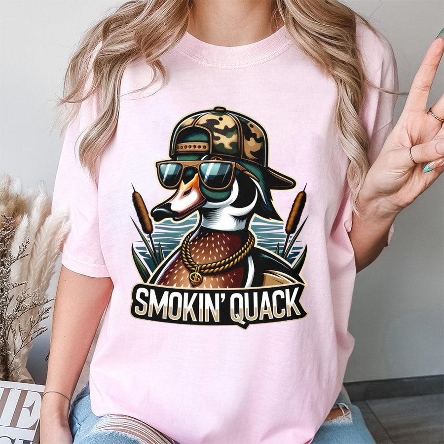 Smokin Quack Duck T-Shirt | Funny Hunter Camo Hat Design | 100% Cotton Premium Apparel | Gift for Duck Hunters and Outdoorsmen