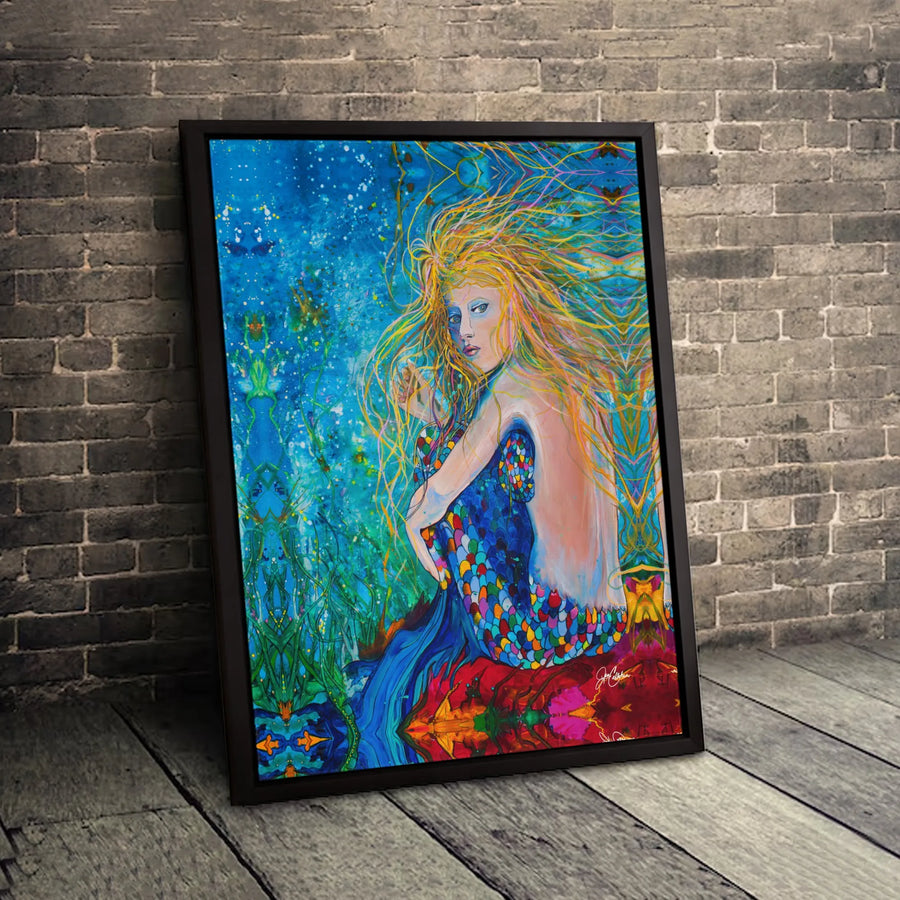 Mermaid Wall Art Canvas | Vibrant Psychedelic Underwater Painting | Premium Gallery Wrap Print | Magical Nautical Decor Gift