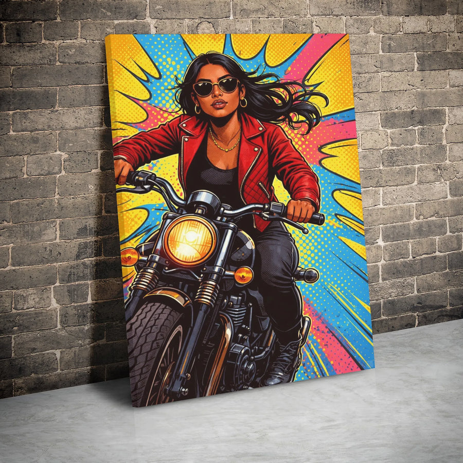 Pop Art Biker Woman Canvas Print | Retro Motorcycle Comic Book Style | Premium 1.25-Inch Gallery Wrap | Edgy Home Decor Gift for Riders