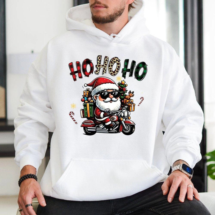 Cool Santa Motorcycle Hoodie | Funny Ho Ho Ho Graphic Print | Premium Cotton-Poly Blend | Christmas Gift for Men & Women