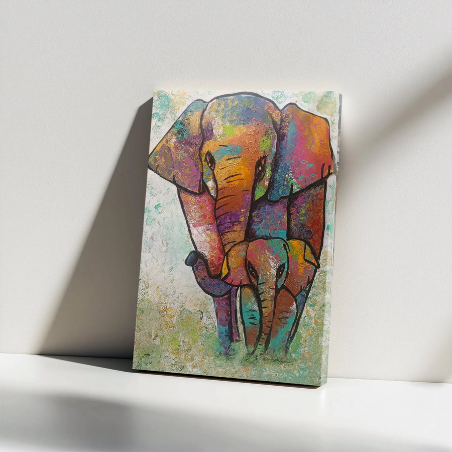 Colorful Elephant Canvas Wall Art | Abstract Mother and Baby Painting | Premium Fade-Resistant Print | Nursery Decor Gift for New Parents
