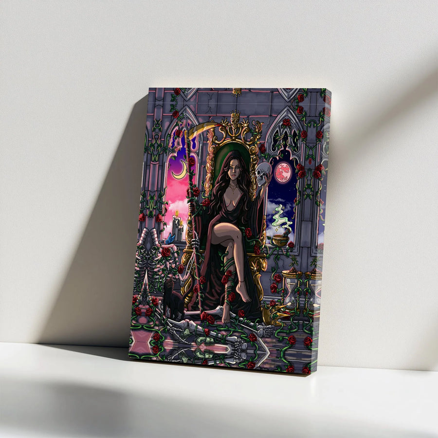 Gothic Queen Canvas Print | Dark Fantasy Art with Skull & Roses | Premium Gallery Wrapped Canvas | Witchy Home Decor Gift for Her