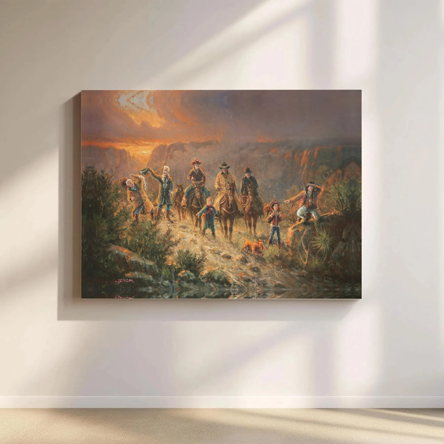 Western Canvas Wall Art | Pioneer Cowboy Canyon Painting | Premium Gallery Wrapped Decor | Rustic Home Office Gift
