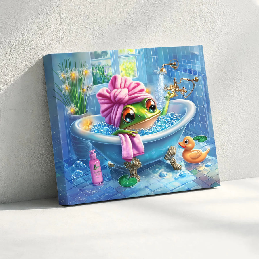 Cute Frog Canvas Wall Art | Whimsical Frog in Bathtub Print | Premium Gallery Quality Canvas | Kids Bathroom Decor & Nursery Gift