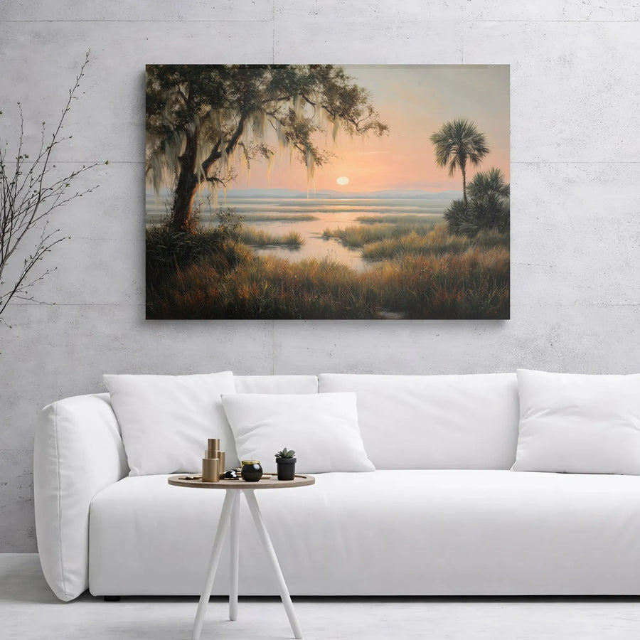 Southern Marsh Sunset Canvas Print | Coastal Oak Tree & Spanish Moss Wall Art | 1.25” Gallery Wrap | Premium Decor for Nature Lovers