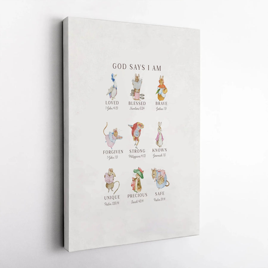 God Says I Am Wall Art | Christian Nursery Decor with Watercolor Woodland Animals | Premium Gallery Canvas | Meaningful Religious Gift for Kids