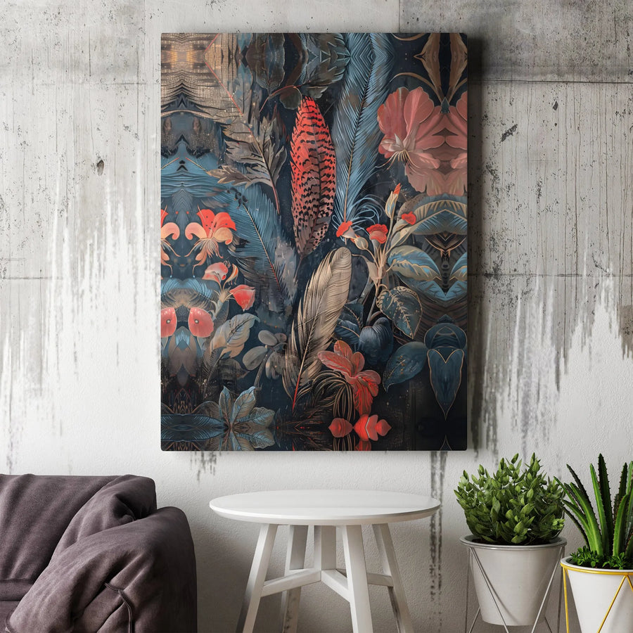 Dark Botanical Canvas Print | Moody Jungle Floral and Feather Art | Fade-Resistant Gallery Canvas | Living Room & Bedroom Wall Decor Gift