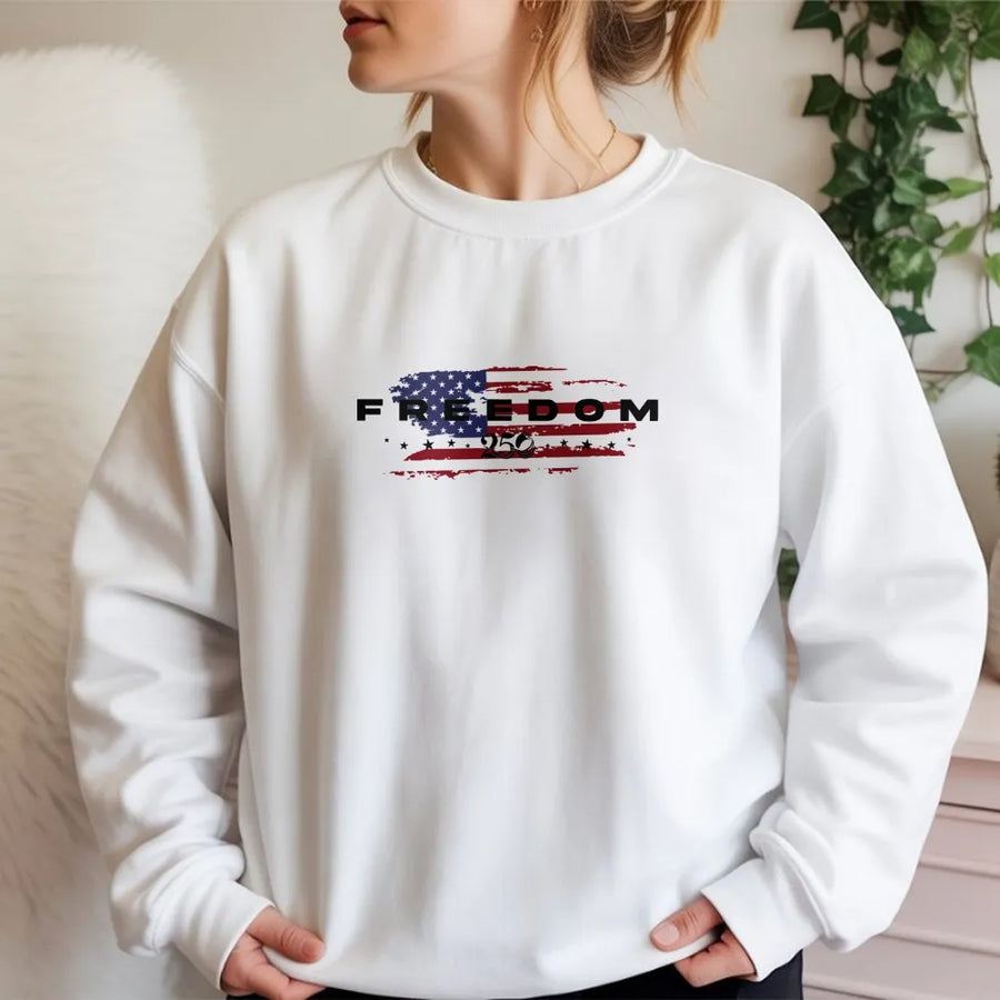 Freedom 250 Sweatshirt | Distressed American Flag Graphic | Premium Cotton Blend | Patriotic Apparel Gift for Men and Women