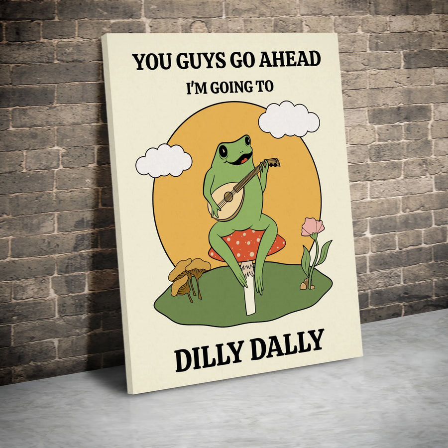 Dilly Dally Frog Wall Art | Funny Toad Playing Lute on Mushroom Print | Premium Gallery Wrap Canvas | Whimsical Nature Home Decor Gift