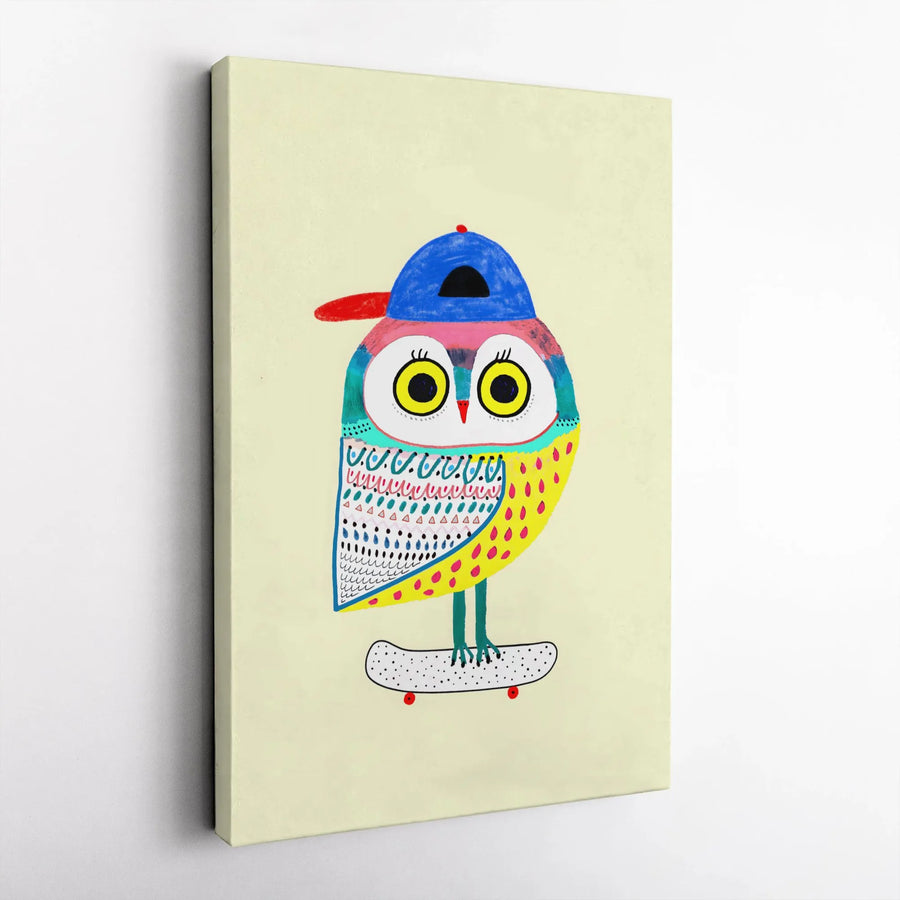 Skater Owl Wall Art | Whimsical Colorful Animal Print | Premium Fade-Resistant Canvas | Kids Room Decor & Nursery Wall Art