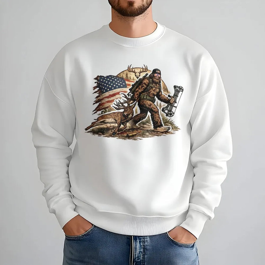 Bigfoot Hunting Sweatshirt | Patriotic Sasquatch USA Flag Graphic | Premium Cotton Blend | Gift for Hunter and Outdoorsman
