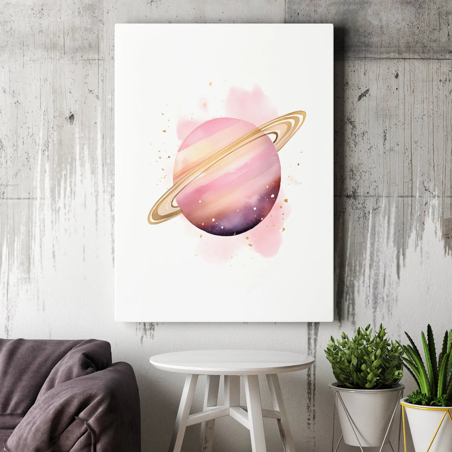 Pink Saturn Planet Canvas Wall Art | Watercolor Space Theme Print | 1.25-Inch Gallery Wrap | Modern Nursery Or Office Decor