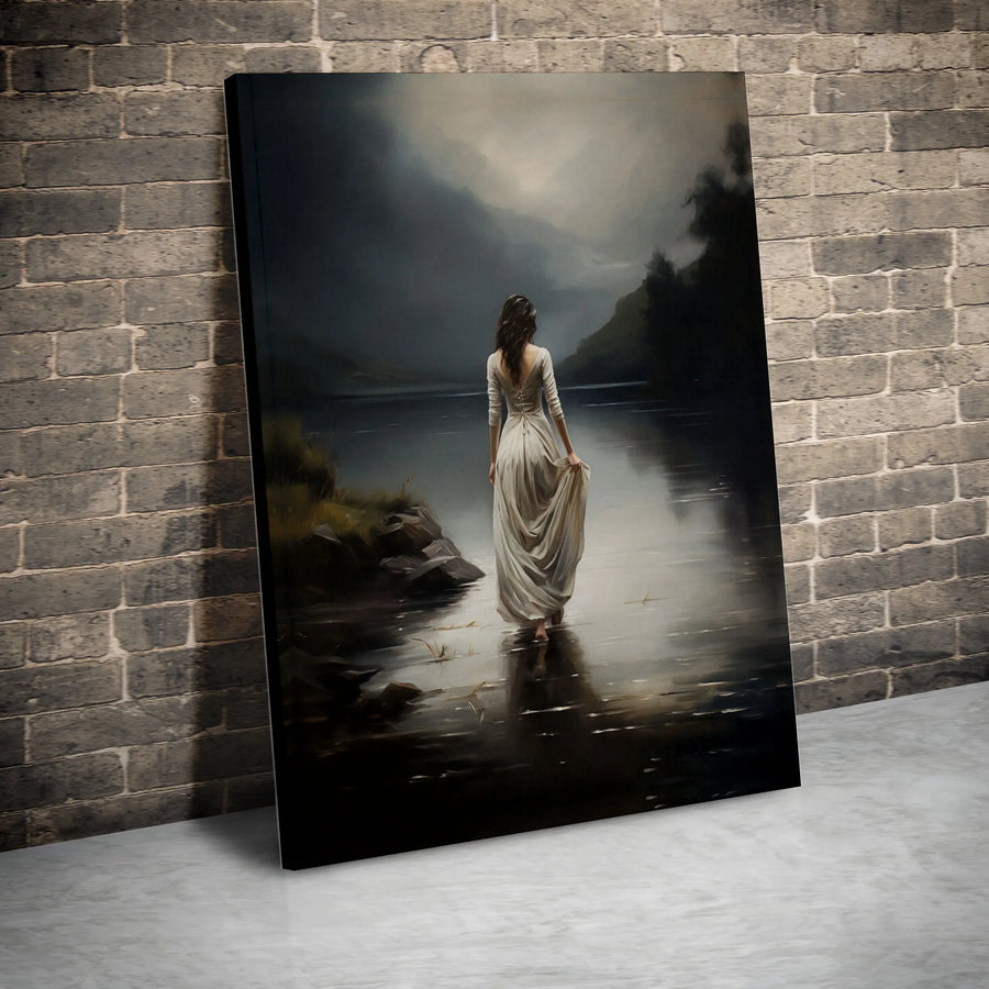 Ethereal Woman in White Dress Canvas | Dark Misty Lake Landscape Wall Art | Gallery Wrapped Premium Canvas | Moody Atmospheric Home Decor