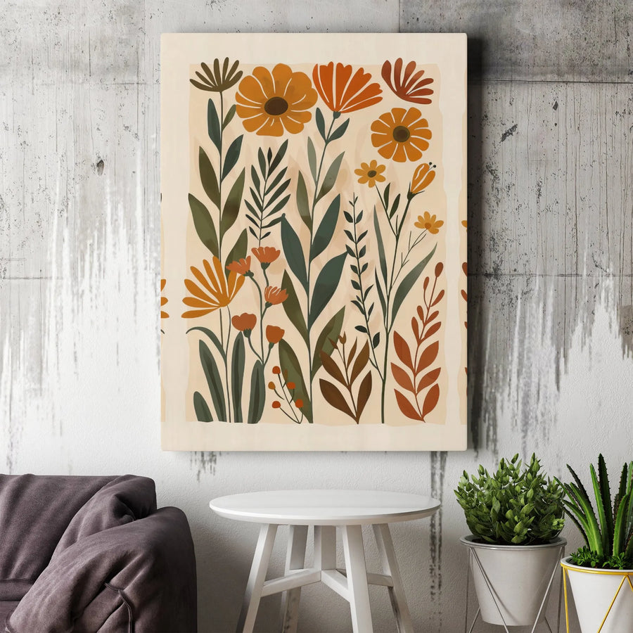 Boho Botanical Canvas Wall Art | Earthy Tone Wildflower Garden Illustration | Premium Fade-Resistant Gallery Print | Modern Home & Office Decor