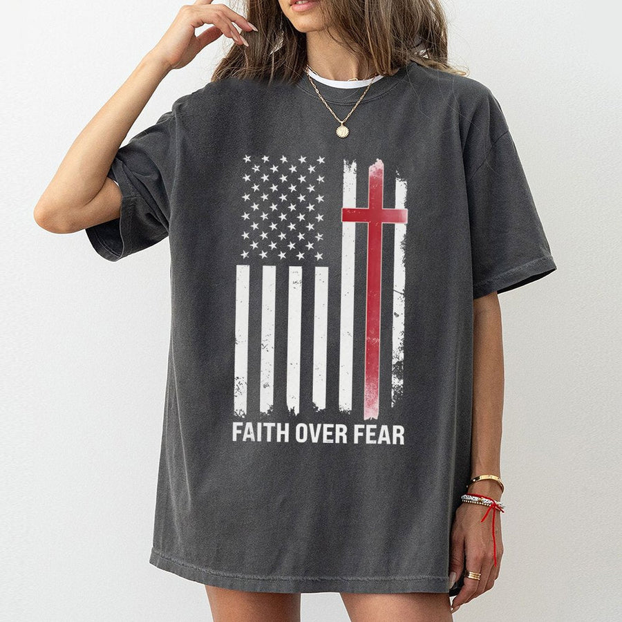 Faith Over Fear T-Shirt | American Flag Christian Cross Graphic | Premium 100% Cotton Tee | Inspirational Religious Patriotic Gift for Men and Women