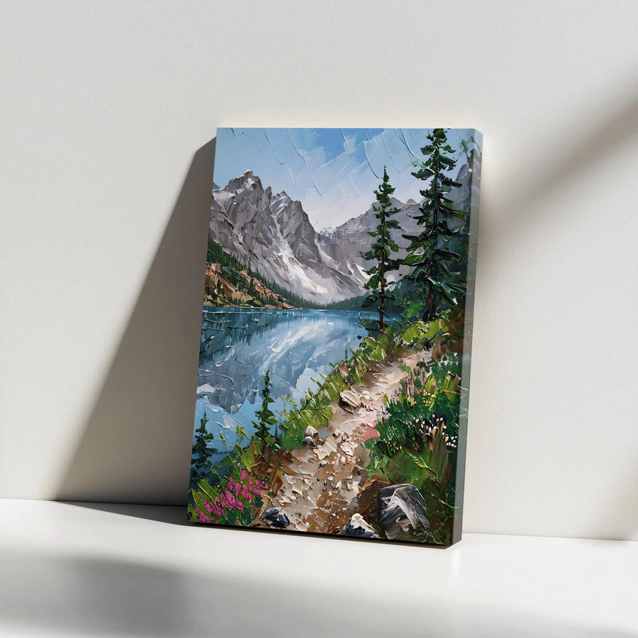Mountain Lake Canvas Wall Art | Impasto Textured Forest Landscape | Premium Gallery Wrap Print | Nature Home Decor Gift