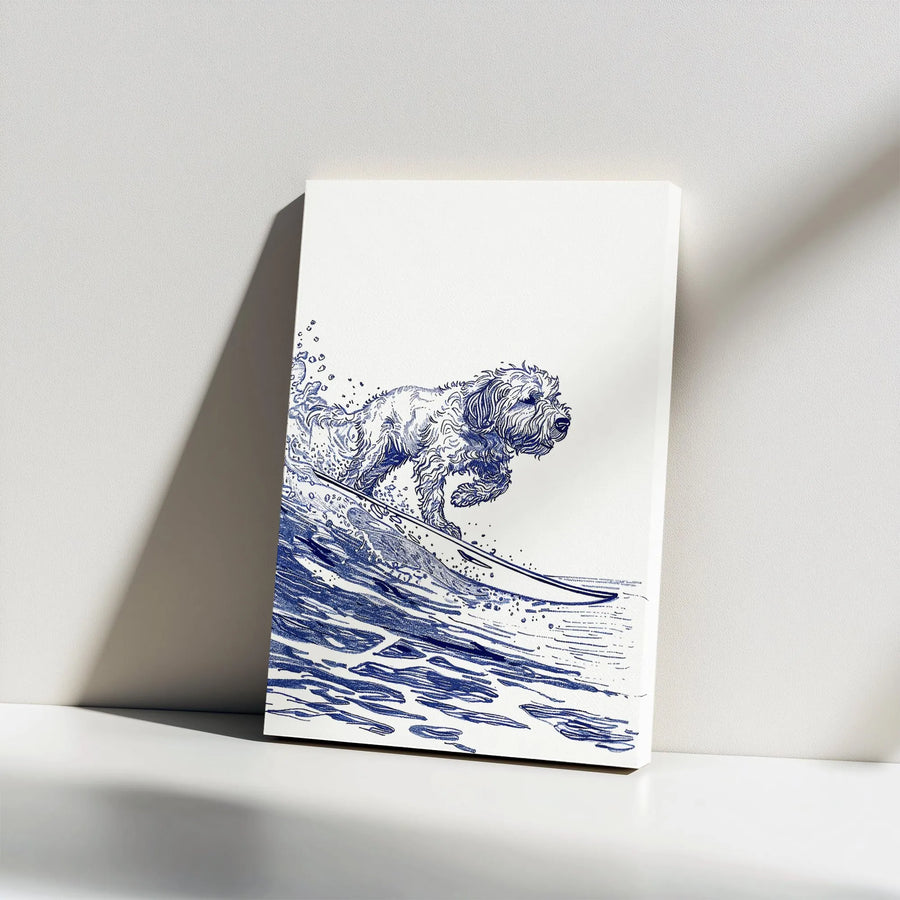 Surfing Dog Canvas Wall Art | Minimalist Doodle Sketch Print | Premium Gallery Wrapped Canvas | Gift for Dog Owner, Coastal Home Decor