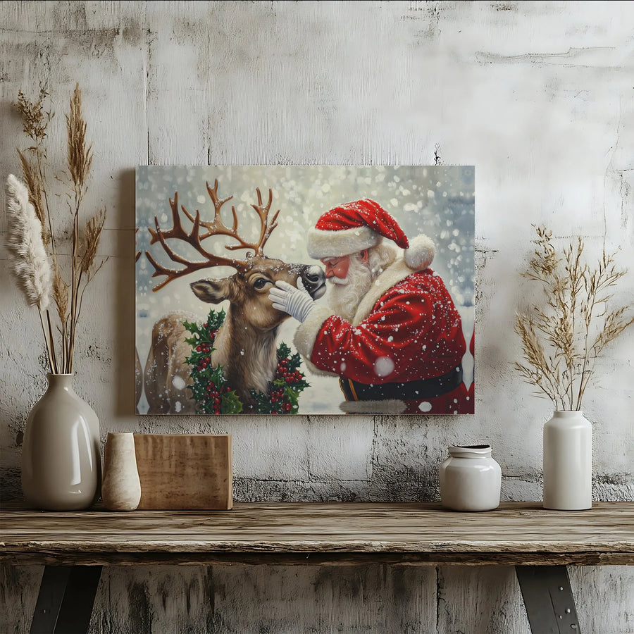 Santa and Reindeer Canvas Wall Art | Whimsical Christmas Holiday Scene | Premium Fade-Resistant Print | Festive Home Decor Gift