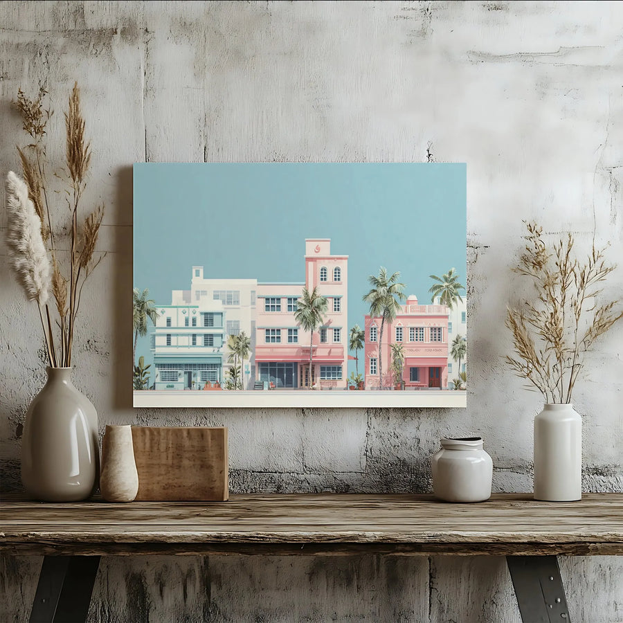 Miami Beach Art Deco Canvas Wall Art | Pastel Palm Tree Architecture Print | Premium Gallery Wrapped Decor | Modern Coastal Home Gift