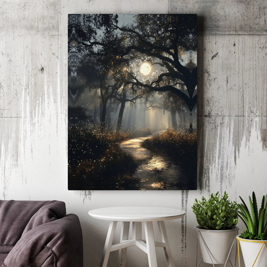 Enchanted Forest Canvas Wall Art | Moonlight Firefly Path Print | 1.25 inch Gallery Wrap | Dreamy Landscape Home Decor Gift