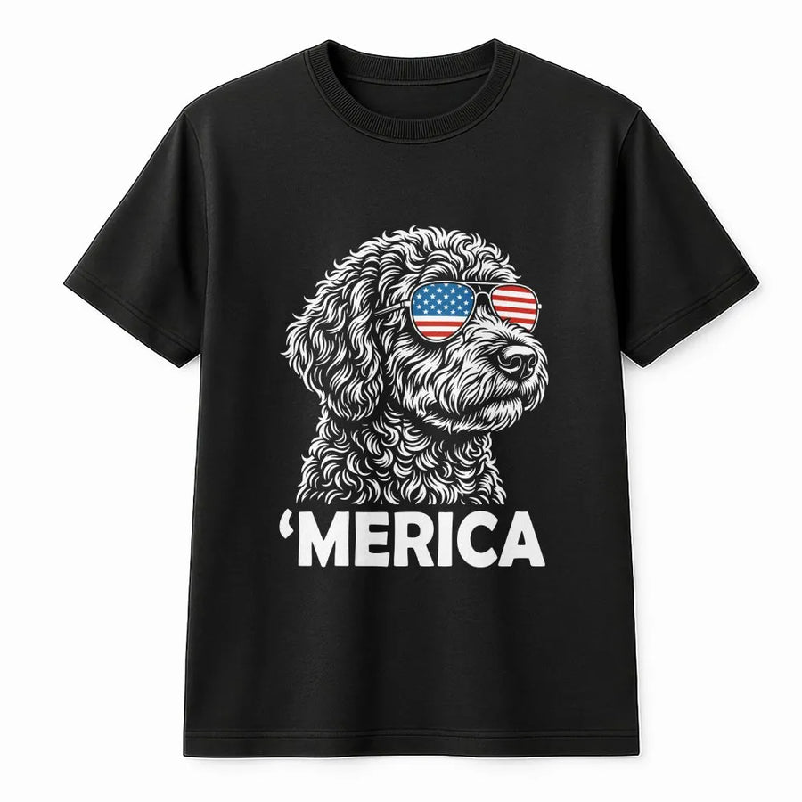Merica Poodle T-Shirt | Dog with American Flag Sunglasses | Cozy Unisex Pullover | Funny 4th of July Gift for Dog Lover