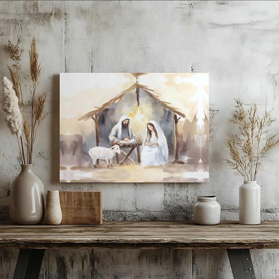 Watercolor Nativity Scene Canvas | Holy Family Christmas Wall Art | Gallery Wrapped Premium Print | Religious Home Decor Gift