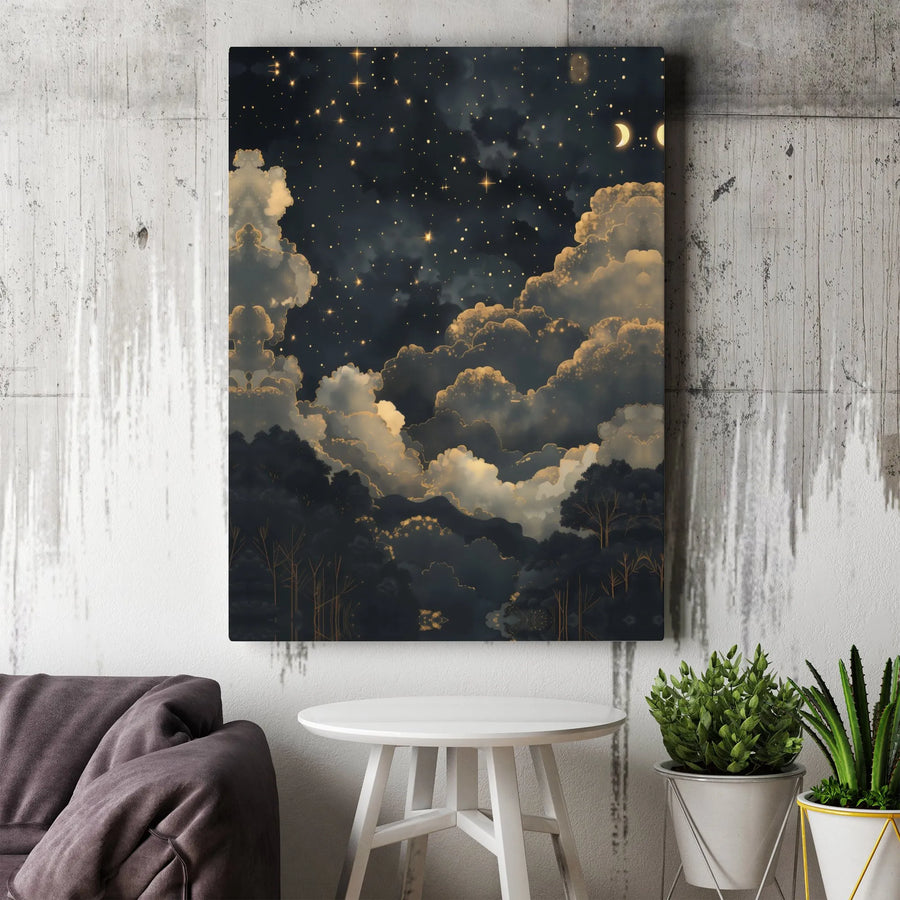 Celestial Night Sky Canvas | Gold Clouds And Starry Landscape | Gallery-Quality Fade-Resistant Print | Mystical Home Decor Wall Art