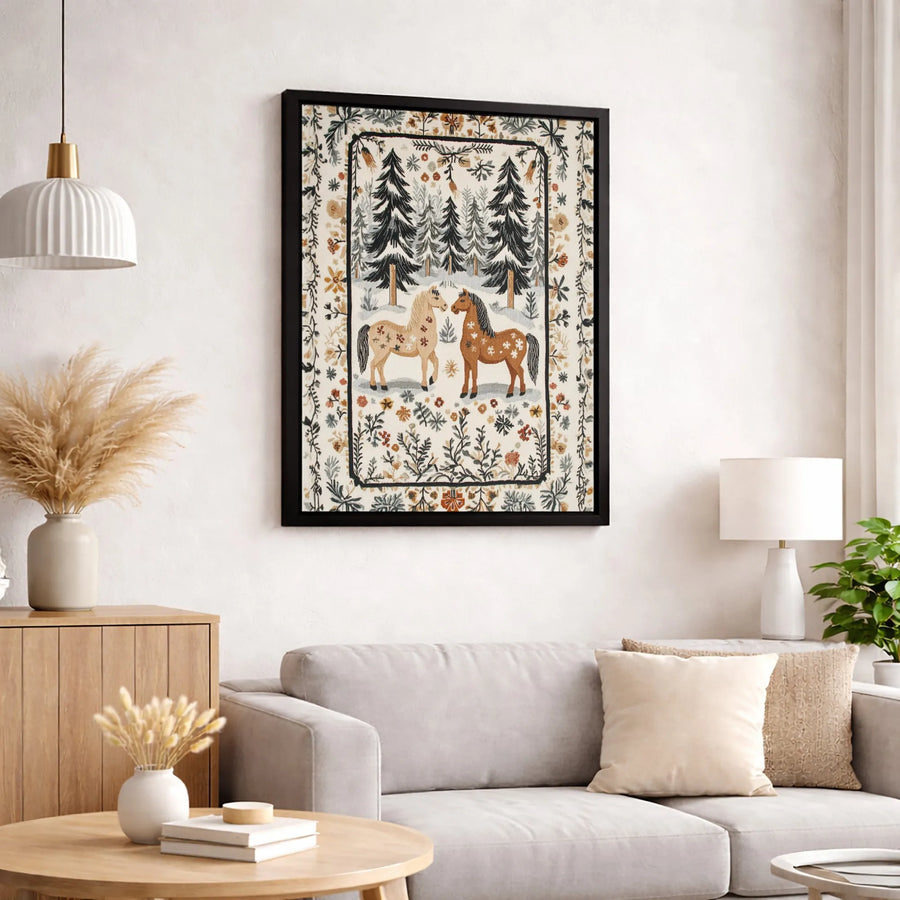 Folk Art Horse Canvas Wall Art | Snowy Pine Forest Winter Scene | Premium Gallery Wrap Print | Rustic Country Home Decor Gift