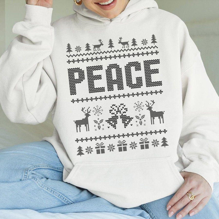Peace Ugly Christmas Hoodie | Festive Reindeer Snowflake Pattern | Cotton-Polyester Blend Premium Apparel | Holiday Gift For Couples And Friends